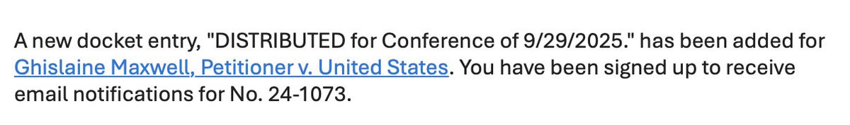 SCOTUS scheduled Maxwell's petition for conference on Sept. 29. We could hear their decision in the Oct. 6 order list, BUT there's no guarantee. Big petitions often take multiple conferences to review

More on her appeal here: courthousenews.com/doj-turmoil-ad…