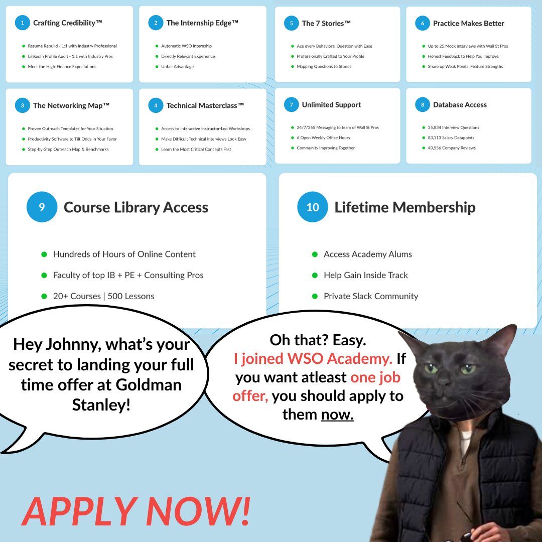 ✌️ Mock interviews are a GAME CHANGER when it comes to preparing for investment banking interviews.  👩‍💼 Want to do mocks with Wall Street pros? 📩 Apply to the WSO Academy NOW 👉🏽 wallstreetoasis.pulse.ly/uiepphn0d2
 🔗