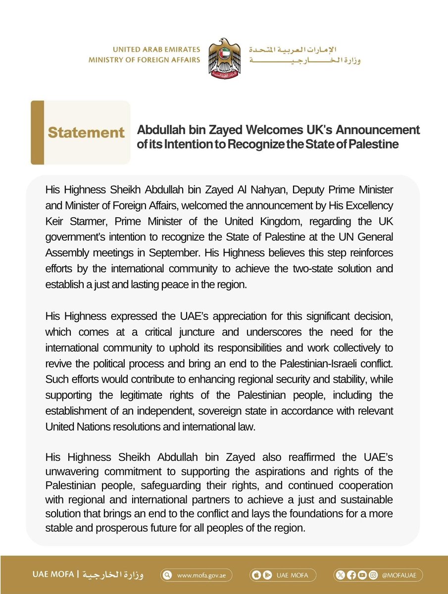 Abdullah bin Zayed Welcomes UK's Announcement of its Intention to Recognize the State of Palestine

mofa.gov.ae/en/mediahub/ne…