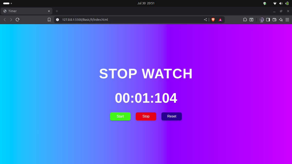 asish_mehata's tweet image. Day 105 of #111DaysOfLearningForChange –
@CodeforChange2
⏱️ Built a stopwatch app using HTML, CSS & JS!
⚡ Real-time Start, Stop & Reset with setInterval
🎨 Gradient styling + DOM practice
#AsishLearns #CodeForChange #Day105LearningForChange
