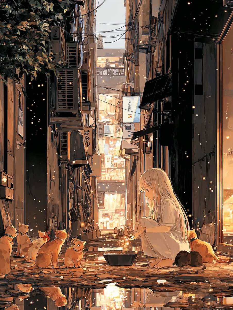 sitting in a gritty, rain-slicked alleyway, surrounded by numerous cats