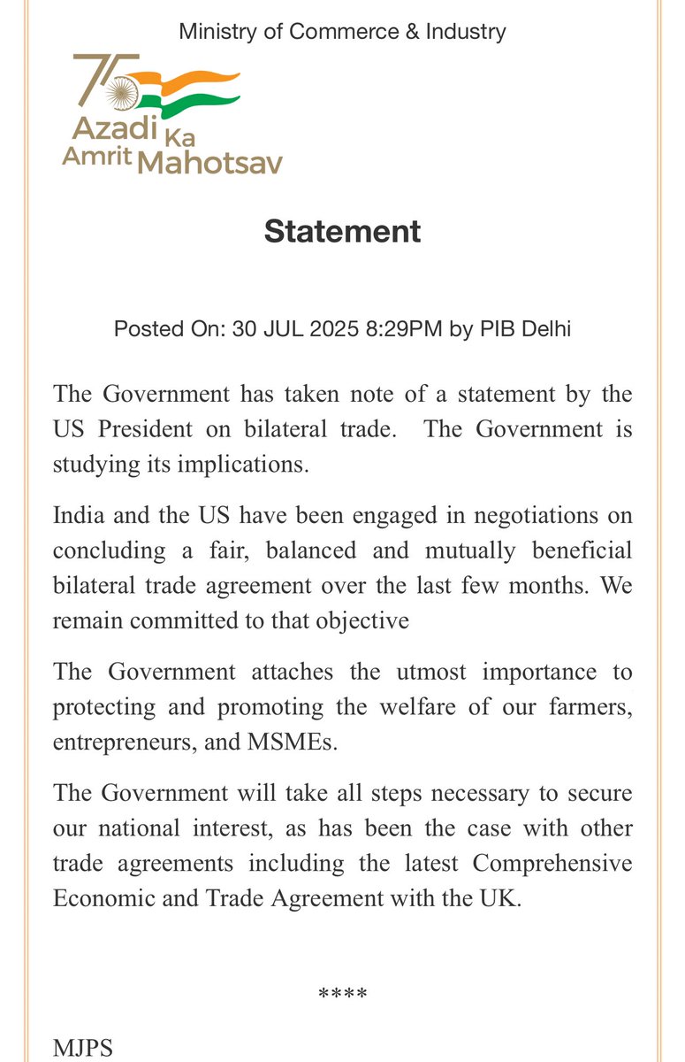 Alok Bhatt (@alok_bhatt) on Twitter photo GOI’s statement following <a href="/realDonaldTrump/">Donald J. Trump</a> ‘s post on Truth Social
The Government has taken note of a statement by the US President on bilateral trade. The Government is studying its implications.
India and the US have been engaged in negotiations on concluding a fair, GOI’s statement following <a href="/realDonaldTrump/">Donald J. Trump</a> ‘s post on Truth Social
The Government has taken note of a statement by the US President on bilateral trade. The Government is studying its implications.
India and the US have been engaged in negotiations on concluding a fair,