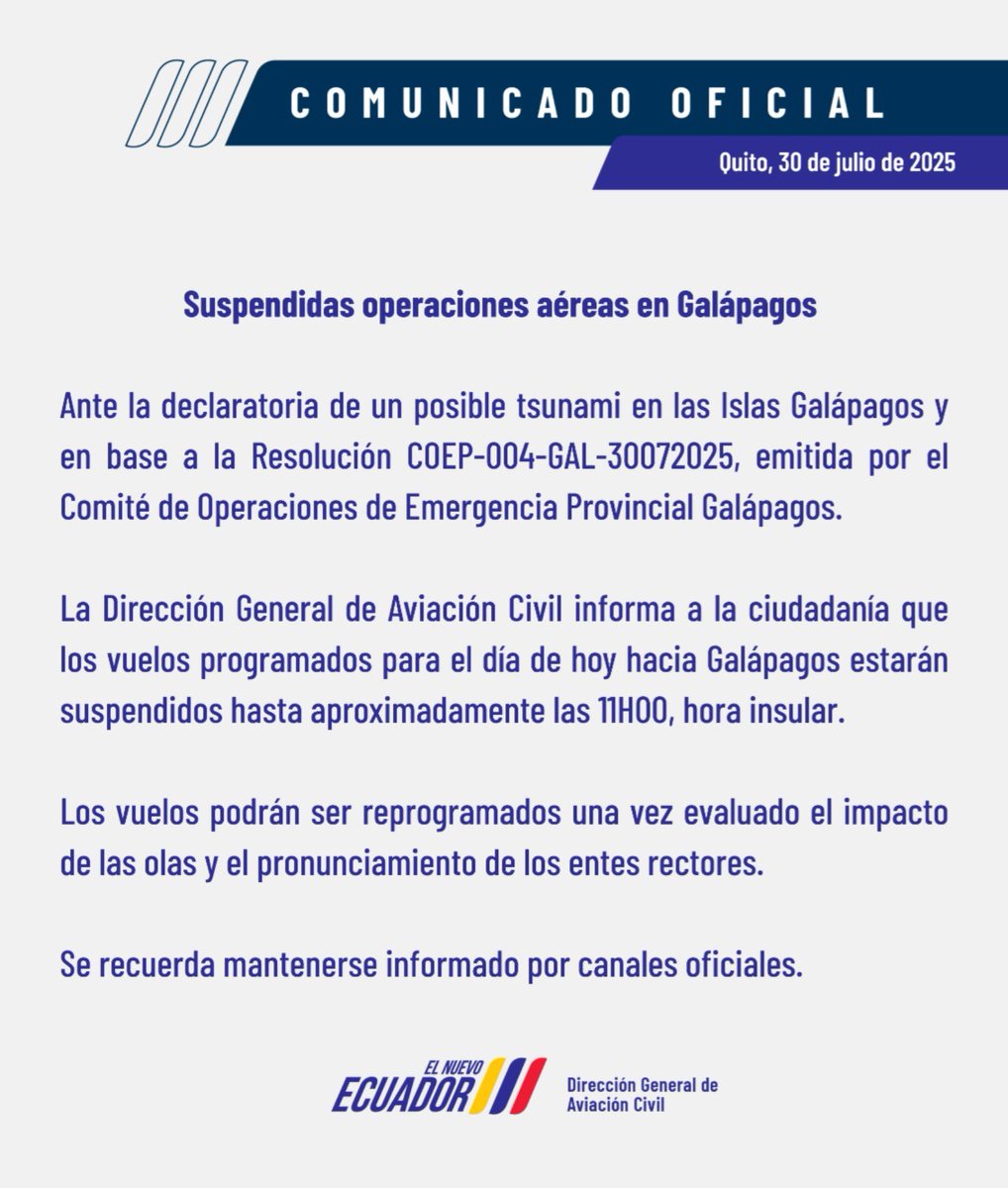 Ecuador 🇪🇨 | Debido a la alerta de Tsunami, se suspendieron los vuelos hacia galápagos hasta las 11:00 hora insular (GMT-6)