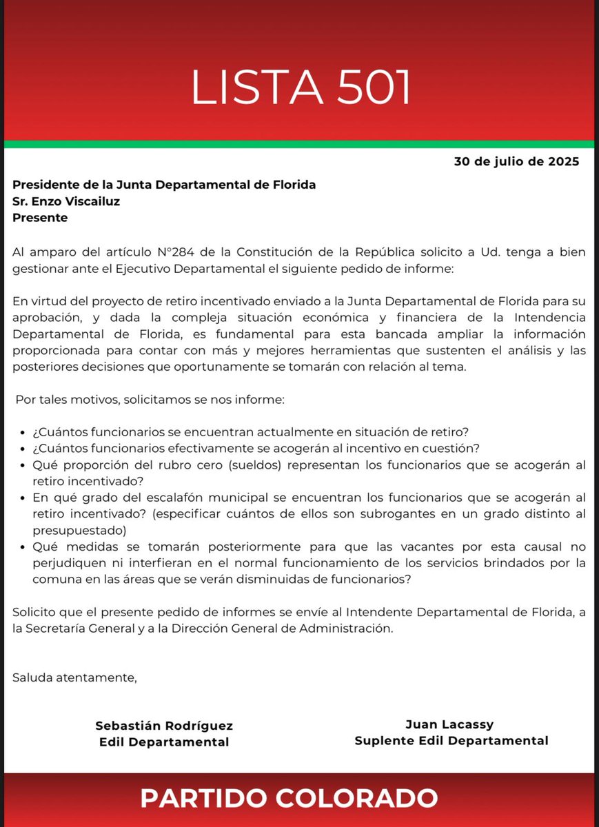 La lista 501 del Partido Colorado realizó pedidos de informes a la Intendencia “relativos al proyecto de retiro incentivado y a la compleja situación económica y financiera” de la comuna. <a href="/Lista501Florida/">Lista 501- Florida</a>
