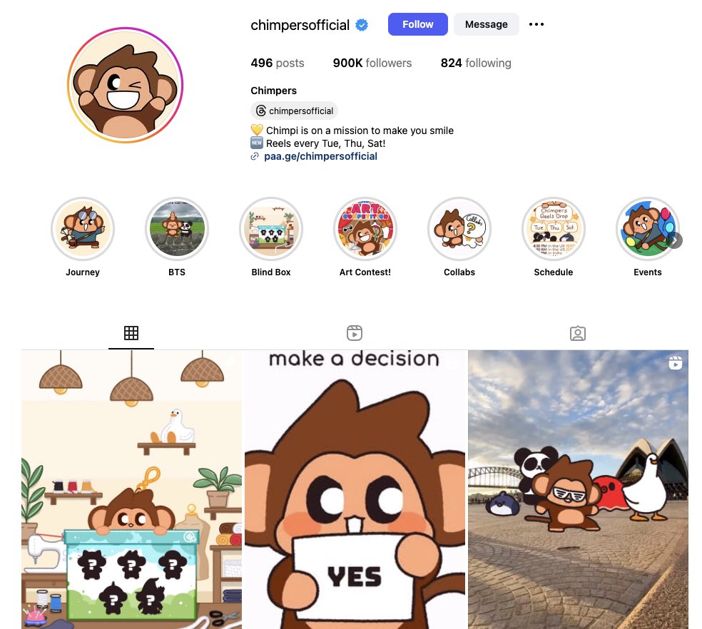 Chimpers just hit 900,000 Instagram followers! 

Our combined reach now exceeds 2M+ across all socials. 

We’re pushing web3 IP into the mainstream, one chimp at a time.