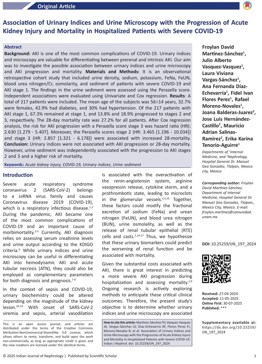 Happy to share our new publication:

"Association of Urinary Indices and Urine Microscopy with the Progression of Acute Kidney Injury and Mortality in Hospitalized Patients with Severe COVID-19"
DOI: 10.25259/IJN_197_2024
Congratulations to all co-authors!
<a href="/Dave_Rattlehead/">Dave Rattlehead</a>🥳 .