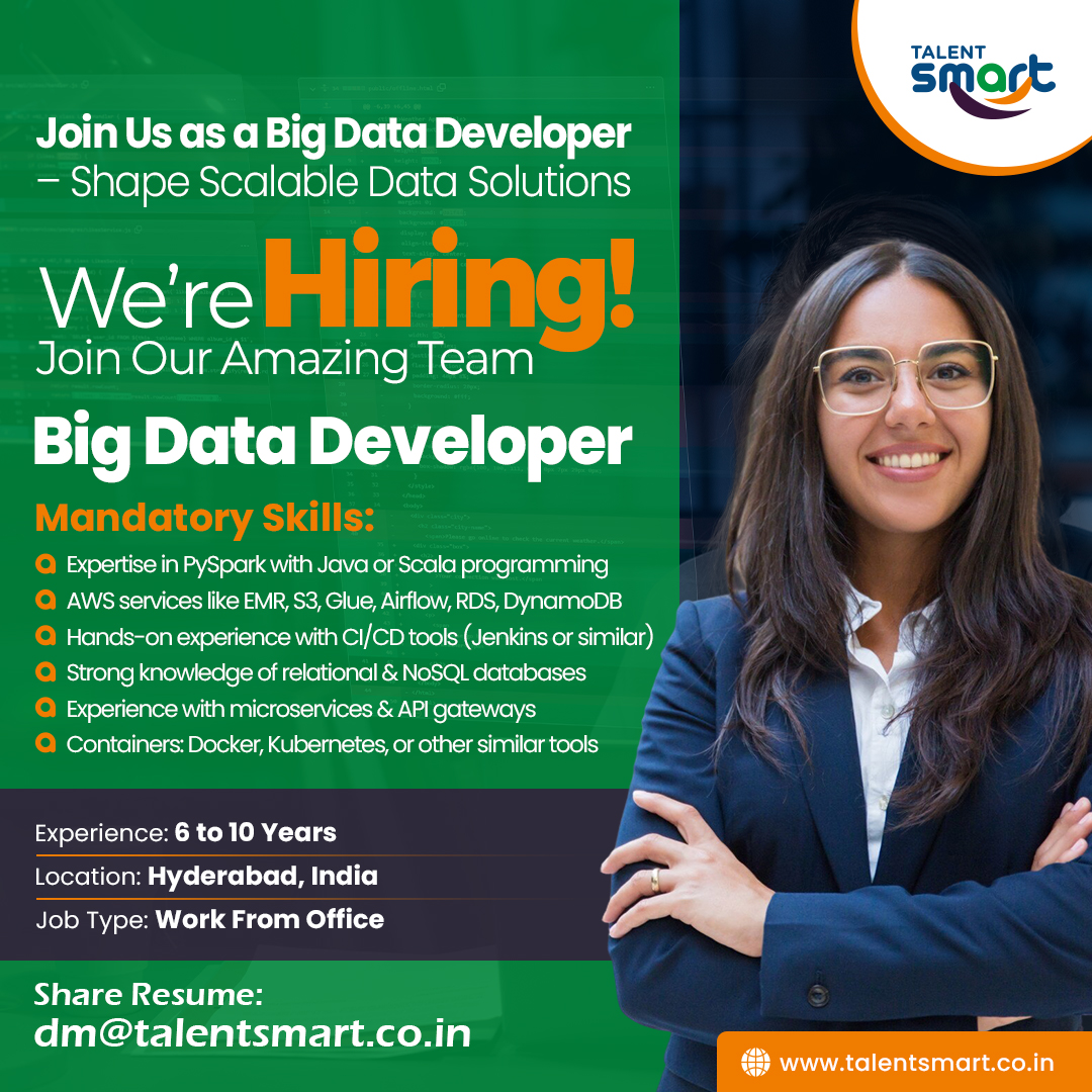talentsmartco's tweet image. Code the Data. Shape the Future. Drive Innovation with Every Pipeline.
Position: Big Data Developer
Share Profile: dm@talentsmart.co.in
.
.
.
#BigDataDeveloper #AWSJobs #HyderabadJobs #DataEngineering #BigDataJobs #ContractJobs #HiringNow #TechJobs #Kubernetes #Docker #Airflow