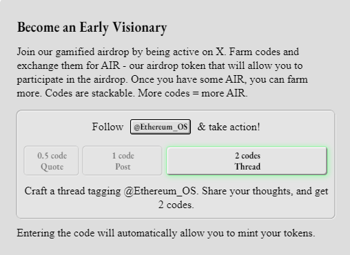What is $AIR by Eth OS? <a href="/Ethereum_OS/">Eth OS</a>
You’ve probably seen people dropping codes and shouting “farm $AIR” on your timeline. But what does it really mean? 🤔

Let’s break it ALL down in plain English. No DeFi degree required. 👇