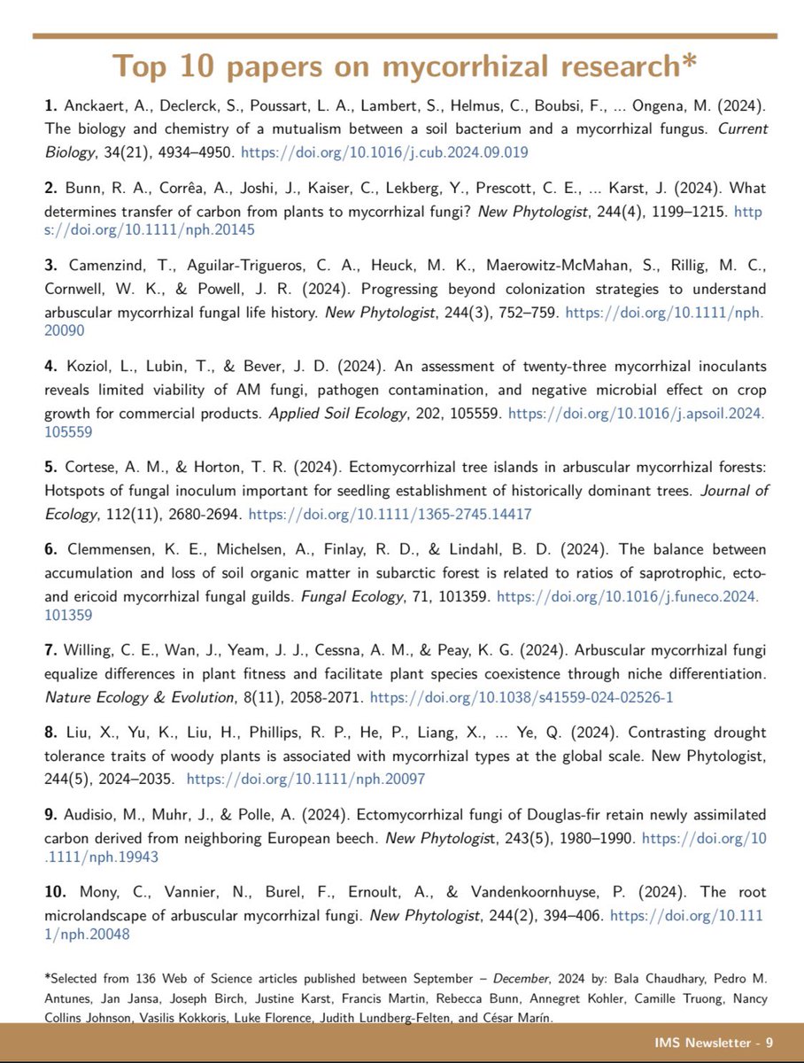 Dr. César Marín (@cesarmarin203) on Twitter photo Congrats to the Top 10 papers on mycorrhizal research for September-December 2024.
With my search, I know that up to 600-700 mycorrhizal papers are being produced (and many more I guess). Which is A LOT. Thanks to the voting panel. It is nice to see such high-quality research! Congrats to the Top 10 papers on mycorrhizal research for September-December 2024.
With my search, I know that up to 600-700 mycorrhizal papers are being produced (and many more I guess). Which is A LOT. Thanks to the voting panel. It is nice to see such high-quality research!