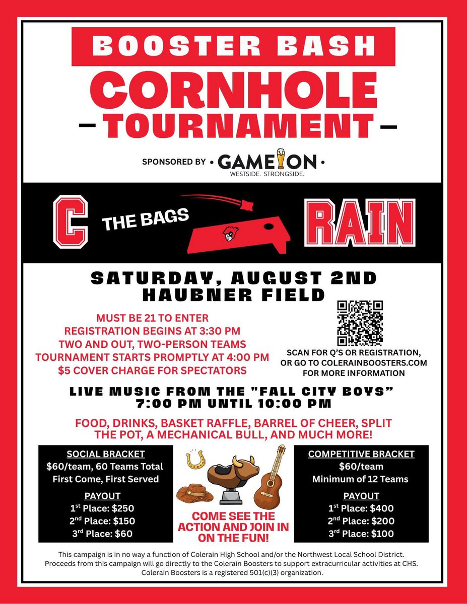 Colerain Baseball (@crainbaseball) on Twitter photo Hi everyone. This Saturday Boosters is holding a cornhole tournament fundraiser. Please consider joining or coming and joining us for this event/party. If you're not playing, come by for music, food, drinks, and other activities. This event is only for people 21 and over. Hi everyone. This Saturday Boosters is holding a cornhole tournament fundraiser. Please consider joining or coming and joining us for this event/party. If you're not playing, come by for music, food, drinks, and other activities. This event is only for people 21 and over.