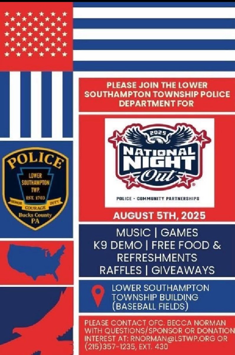 LOWER SOUTHAMPTON PD (@lspd43) on Twitter photo Don’t forget, National Night Out is next Tuesday, August 5. We look forward to seeing all of you. If you are a local business that wishes to participate, please contact Officer Rebecca Norman at 2153571235 or email rnorman@lstwp.org Don’t forget, National Night Out is next Tuesday, August 5. We look forward to seeing all of you. If you are a local business that wishes to participate, please contact Officer Rebecca Norman at 2153571235 or email rnorman@lstwp.org