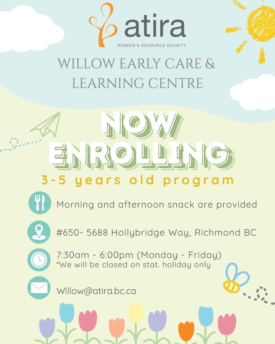 Atira Women's Resource Society (@freeofviolence) on Twitter photo Willow Early Care and Learning Centre is now accepting applications for its 3–5 year old program in Richmond.
To book a visit or learn more, email willow@atira.bc.ca.
Explore our programs or donate:
👉 atira.bc.ca/what-we-do/pro…
👉 atira.bc.ca/ways-to-help/d…
#WillowECLC #Atira Willow Early Care and Learning Centre is now accepting applications for its 3–5 year old program in Richmond.
To book a visit or learn more, email willow@atira.bc.ca.
Explore our programs or donate:
👉 atira.bc.ca/what-we-do/pro…
👉 atira.bc.ca/ways-to-help/d…
#WillowECLC #Atira