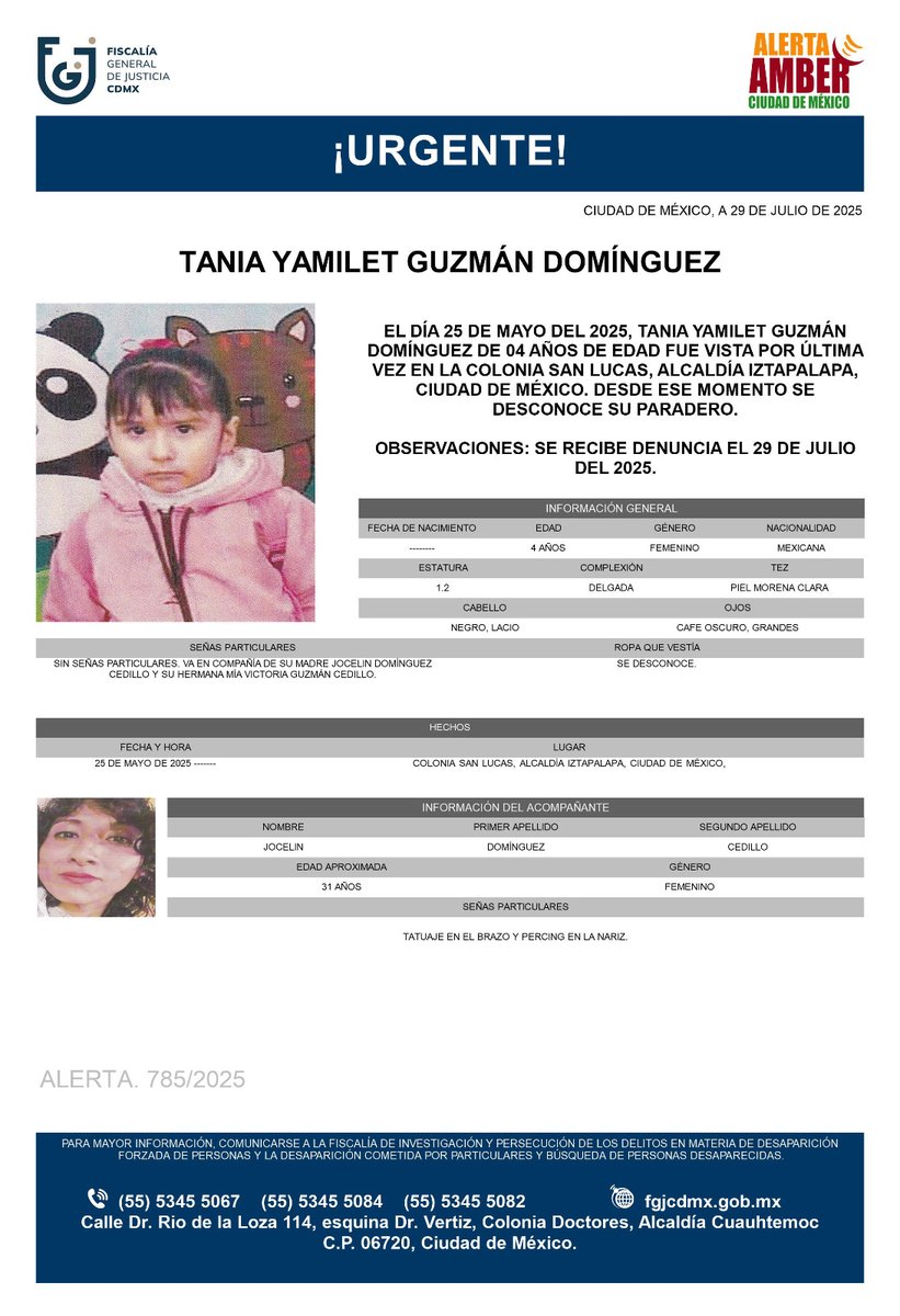 Se activa #AlertaAmber para localizar a Tania Yamilet Guzmán Domínguez, de 4 años, vista por última vez el pasado 25 de mayo en la colonia San Lucas, alcaldía Iztapalapa