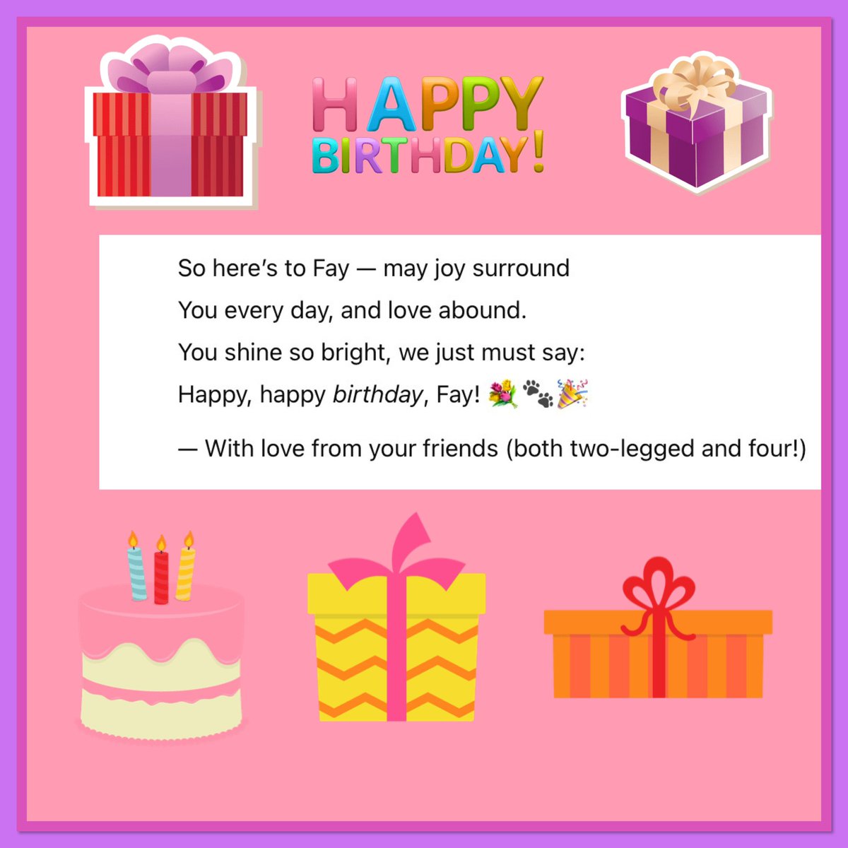 Happy Birthday <a href="/faymac/">FayMac</a> 

Pals please join me in wishing the wonderful, kind hearted
Miss Fay a birthday as pawsome as she is!

Have a wonderful day &amp; don’t work too hard xx