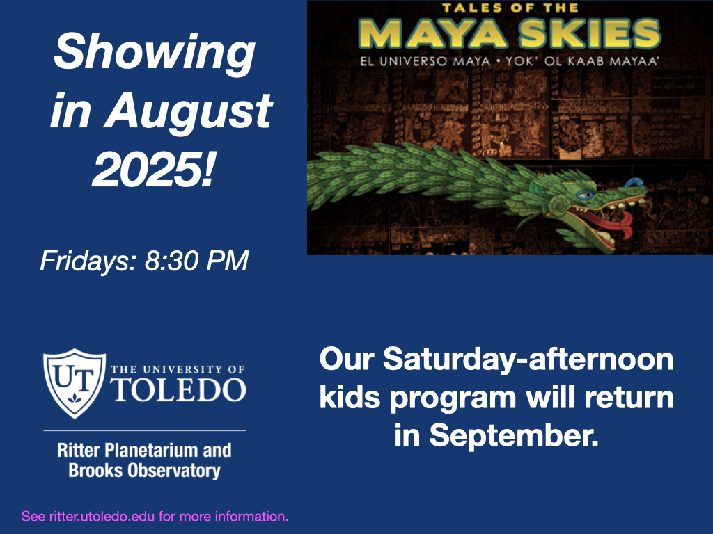 Ritter Planetarium (@ritterplanet) on Twitter photo We've got a new show for August! Kid-focused programs return in September and remember, we look through a telescope after the program if the weather cooperates!
<a href="/UToledo/">The University of Toledo</a> <a href="/UToledo_NSM/">UToledo NSM</a> <a href="/UToledoAstro/">University of Toledo Astronomy & Astrophysics</a> We've got a new show for August! Kid-focused programs return in September and remember, we look through a telescope after the program if the weather cooperates!
<a href="/UToledo/">The University of Toledo</a> <a href="/UToledo_NSM/">UToledo NSM</a> <a href="/UToledoAstro/">University of Toledo Astronomy & Astrophysics</a>
