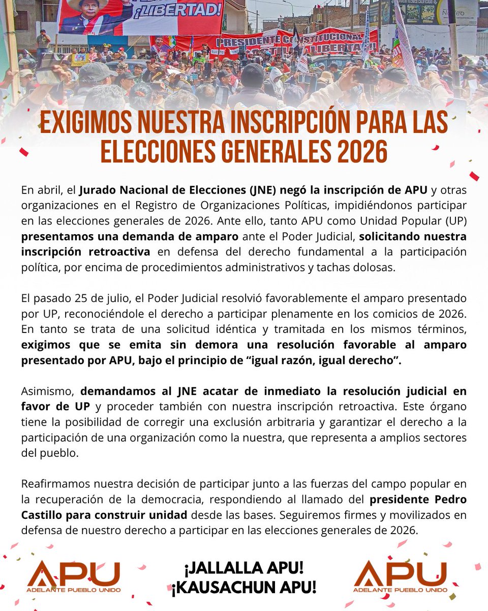 📌PRONUNCIAMIENTO
El Poder Judicial  reconoció el derecho de Unidad Popular a participar en las elecciones generales 2026. 
Como APU presentamos el mismo recurso de amparo y nos asiste el mismo derecho
Exigimos resolución inmediata de nuestra inscripción retroactiva!
#APU2026