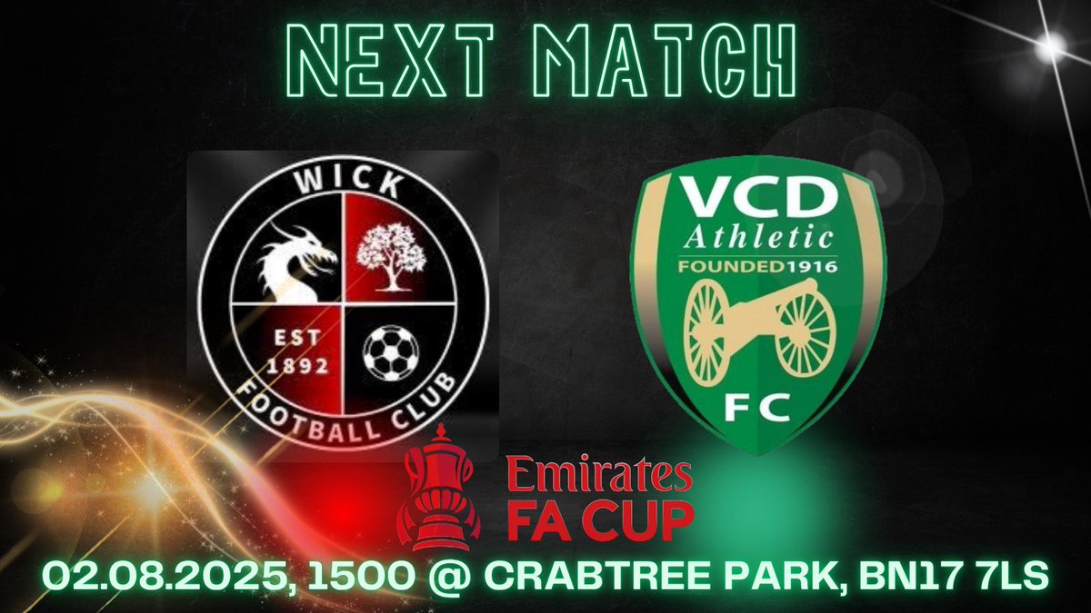 VCD Athletic Football Club (@vcd_club) on Twitter photo NEXT MATCH!!
We take part in <a href="/TheFACup/">The Emirates FA Cup</a> this weekend, away to Wick FC on the south coast.
We’re looking forward to our first competitive match of the 2025/2026 season!
And we appreciate anyone who’s travelling to the game this Saturday to support the Vickers! ⚽️🟢⚪️🟢⚪️🟢⚽️ NEXT MATCH!!
We take part in <a href="/TheFACup/">The Emirates FA Cup</a> this weekend, away to Wick FC on the south coast.
We’re looking forward to our first competitive match of the 2025/2026 season!
And we appreciate anyone who’s travelling to the game this Saturday to support the Vickers! ⚽️🟢⚪️🟢⚪️🟢⚽️