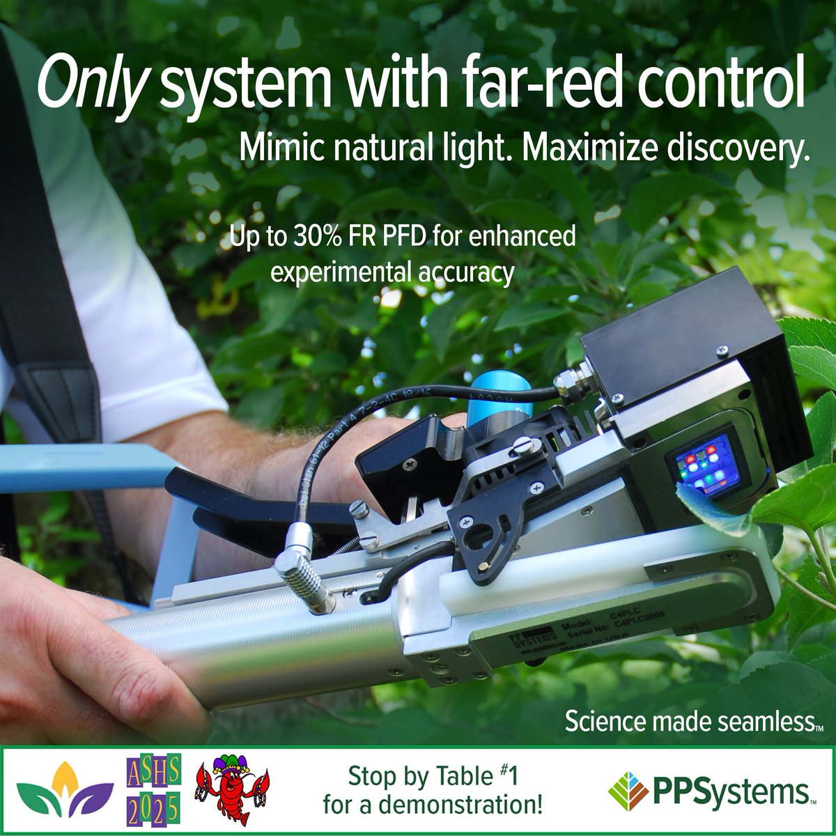 See the only portable photosynthesis system with 4 far-red LEDs (730 ± 5 nm). Effortlessly control #FarRed up to 30% of PFD for more accurate, natural light recreation. See how easy advanced #photosynthetic research can be! #ASHS2025 #PlantScience #ScienceMadeSeamless