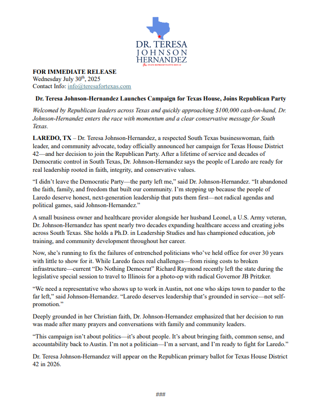 bradj_TX's tweet image. Inbox: Teresa Johnson-Hernandez announces GOP bid for HD 42, the seat held by @RepRaymondTX. #txlege