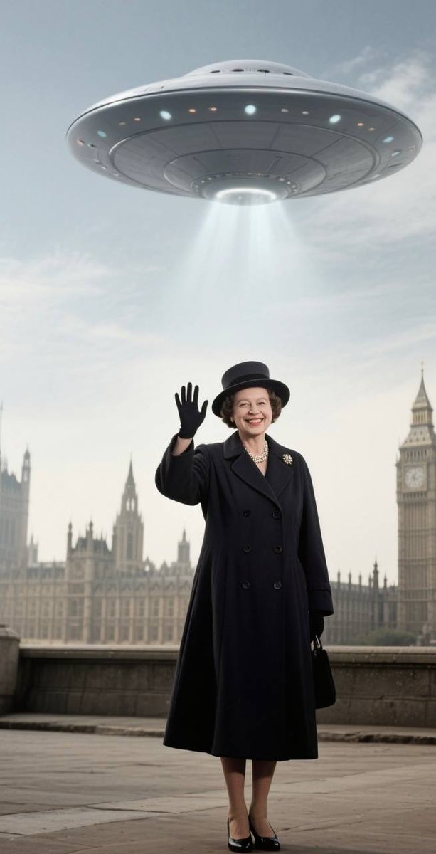 Aria10w's tweet photo. Netizens used AI to enhance a 1952 London UFO photo—
Queen Elizabeth waving!

A military account responded with a surprising response:

"Your Majesty's diplomatic visit, codenamed 'Operation Galaxy Bearskin Hood'"

#RoyalSpaceDiplomacy #ArchiveUnsealed https://t.co/BfSzuuiDGG