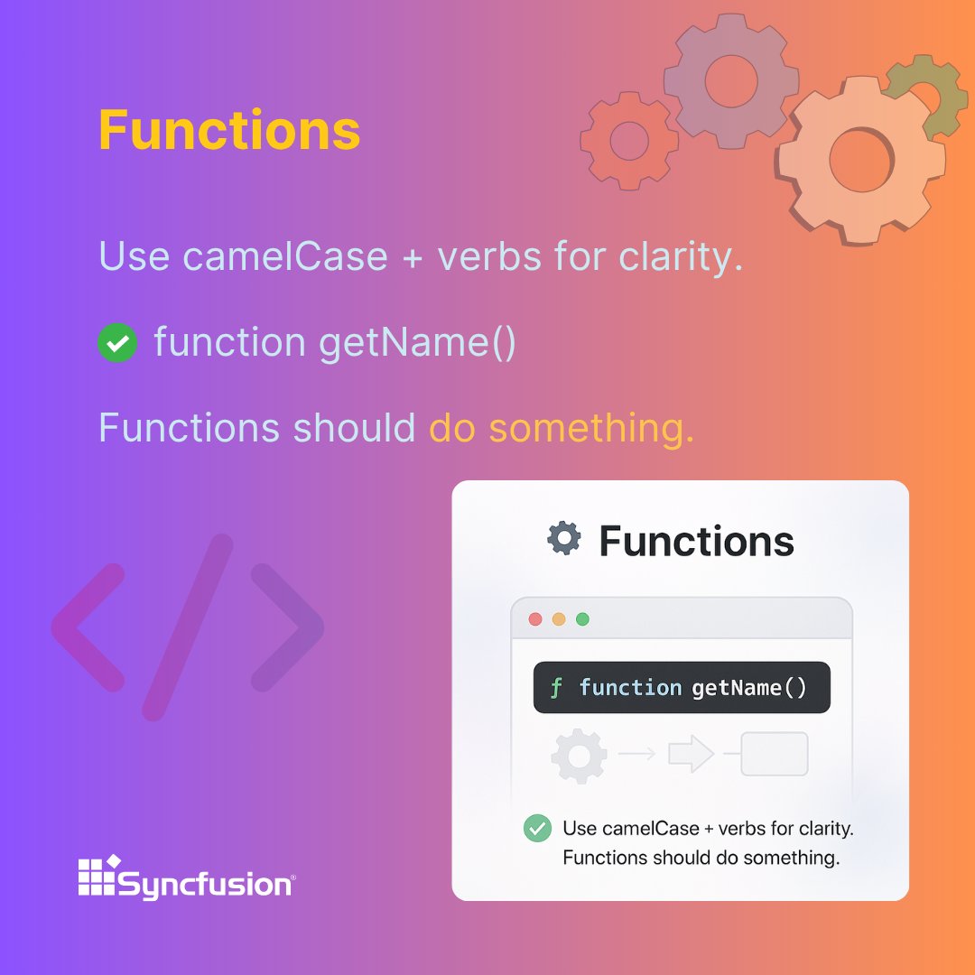 Syncfusion's tweet image. โ๏ธ Functions
Name your functions using camelCase and start with action verbs to clearly express their purpose.
โ
โฏfunction getName()
Functions should alwaysโฏdoโฏsomething.
โก๏ธ Constants need special treatment ๐
#CleanCode #JavaScriptDev
(4/12)