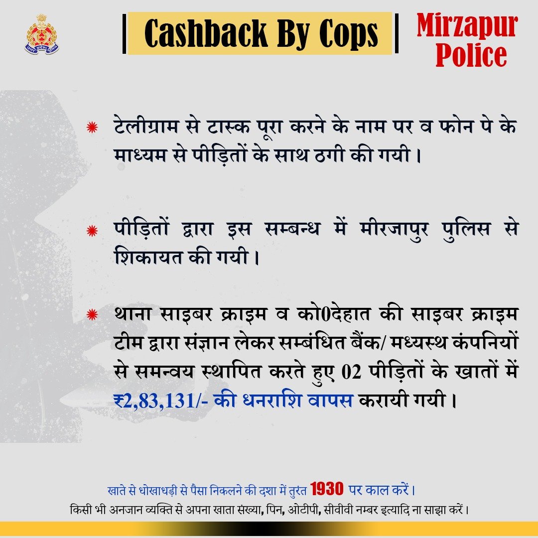 UP POLICE (@uppolice) on Twitter photo рдЯреЗрд▓реАрдЧреНрд░рд╛рдо рд╕реЗ рдЯрд╛рд╕реНрдХ рдкреВрд░рд╛ рдХрд░рдиреЗ рдХреЗ рдирд╛рдо рдкрд░ рд╡ рдлреЛрди рдкреЗ рдХреЗ рдорд╛рдзреНрдпрдо рд╕реЗ 02 рдкреАрдбрд╝рд┐рддреЛрдВ рд╕реЗ рд╕рд╛рдЗрдмрд░ рдардЧреА рдХрд┐рдП рдЧрдП тВ╣2,83,131/- <a href="/mirzapurpolice/">Mirzapur Police</a> рджреНрд╡рд╛рд░рд╛ рд╡рд╛рдкрд╕ рдХрд░рд╛рдП рдЧрдПред
рдЕрдирдЬрд╛рди рд╡реНрдпрдХреНрддрд┐ рд╕реЗ рдЦрд╛рддреЗ рдХреА рд╡реНрдпрдХреНрддрд┐рдЧрдд рдЬрд╛рдирдХрд╛рд░реА рд╕рд╛рдЭрд╛ рди рдХрд░реЗрдВред
рдЦрд╛рддреЗ рд╕реЗ рдзреЛрдЦрд╛рдзрдбрд╝реА рд╕реЗ рдкреИрд╕рд╛ рдирд┐рдХрд▓рдиреЗ рдХреА рджрд╢рд╛ рдореЗрдВ 1930 рдкрд░ рдХреЙрд▓ рдХрд░реЗрдВред рдЯреЗрд▓реАрдЧреНрд░рд╛рдо рд╕реЗ рдЯрд╛рд╕реНрдХ рдкреВрд░рд╛ рдХрд░рдиреЗ рдХреЗ рдирд╛рдо рдкрд░ рд╡ рдлреЛрди рдкреЗ рдХреЗ рдорд╛рдзреНрдпрдо рд╕реЗ 02 рдкреАрдбрд╝рд┐рддреЛрдВ рд╕реЗ рд╕рд╛рдЗрдмрд░ рдардЧреА рдХрд┐рдП рдЧрдП тВ╣2,83,131/- <a href="/mirzapurpolice/">Mirzapur Police</a> рджреНрд╡рд╛рд░рд╛ рд╡рд╛рдкрд╕ рдХрд░рд╛рдП рдЧрдПред
рдЕрдирдЬрд╛рди рд╡реНрдпрдХреНрддрд┐ рд╕реЗ рдЦрд╛рддреЗ рдХреА рд╡реНрдпрдХреНрддрд┐рдЧрдд рдЬрд╛рдирдХрд╛рд░реА рд╕рд╛рдЭрд╛ рди рдХрд░реЗрдВред
рдЦрд╛рддреЗ рд╕реЗ рдзреЛрдЦрд╛рдзрдбрд╝реА рд╕реЗ рдкреИрд╕рд╛ рдирд┐рдХрд▓рдиреЗ рдХреА рджрд╢рд╛ рдореЗрдВ 1930 рдкрд░ рдХреЙрд▓ рдХрд░реЗрдВред