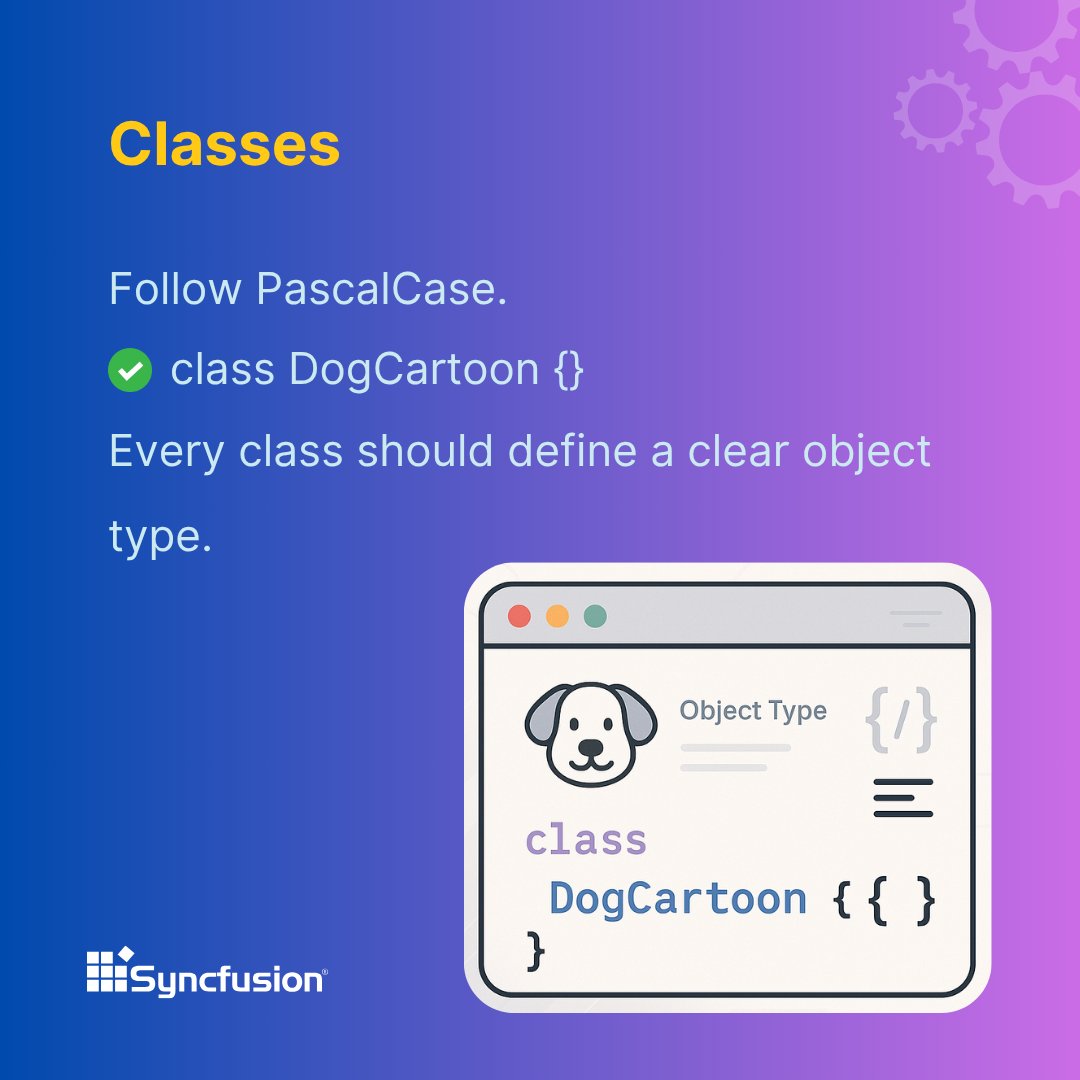 Syncfusion's tweet image. 🏷️ Classes
Use PascalCase for class names, and ensure each class represents a distinct concept or object.
✅ class DogCartoon {}
➡️ Let’s move on to the next naming convention 👇
#OOP #JavaScriptClasses
(6/12)