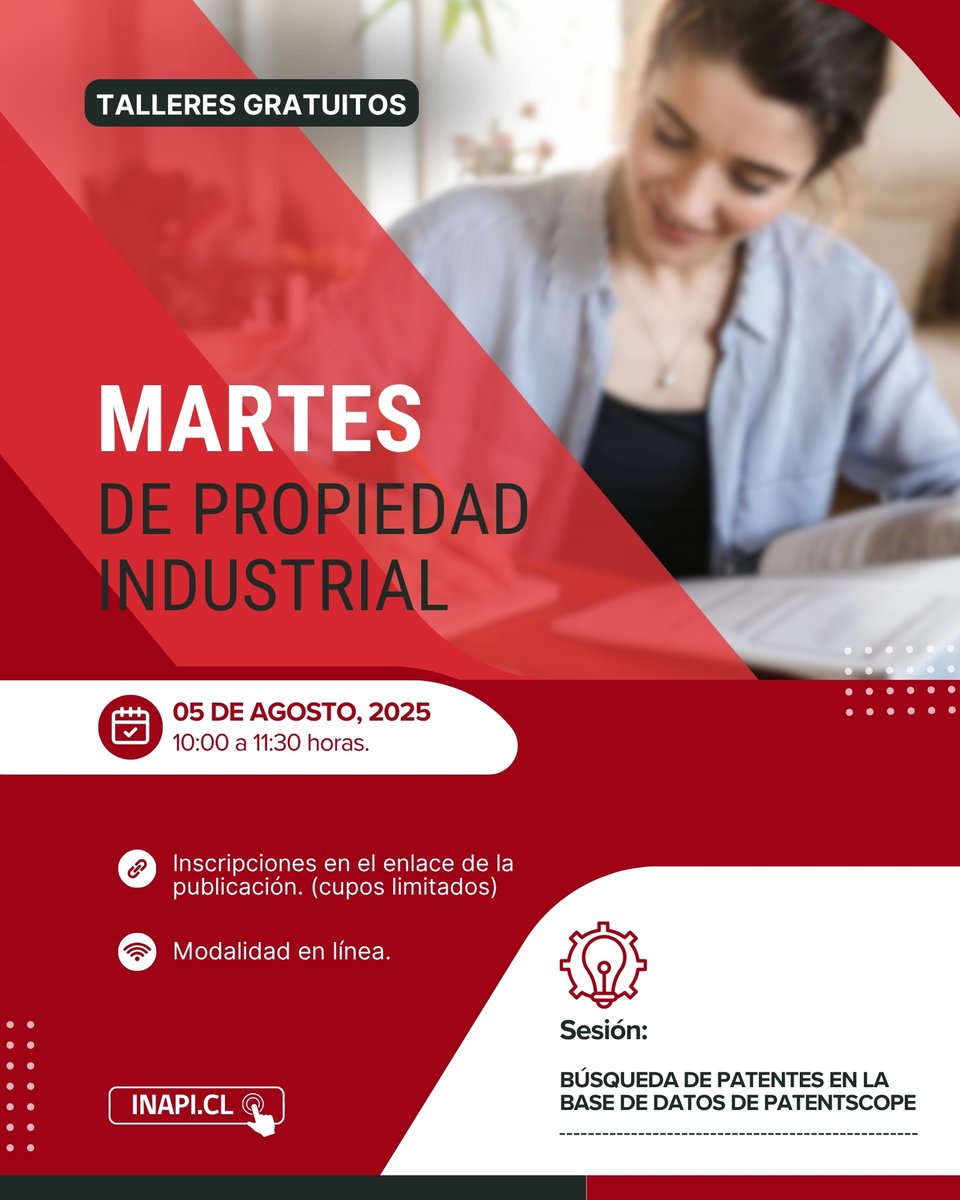 Participa del taller gratuito: 🔍 "Búsqueda de patentes en la base de datos de PATENTSCOPE" es una herramienta clave para explorar el estado del arte, potenciar la innovación y tomar mejores decisiones en tus proyectos tecnológicos.

🔗 Inscripciones aquí us02web.zoom.us/meeting/regist…