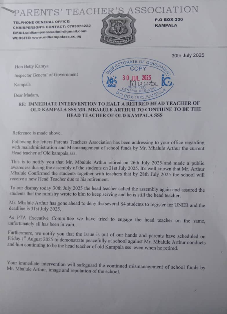 BREAKING: Tension at Old Kampala SSS as PTA demands removal of retired head teacher Arthur Mbalule, accusing him of clinging to office, blocking UNEB registration, and mismanaging funds. Petition sent to IGG Betty Kamya.

Details: ankoletimes.co.ug/news/education…