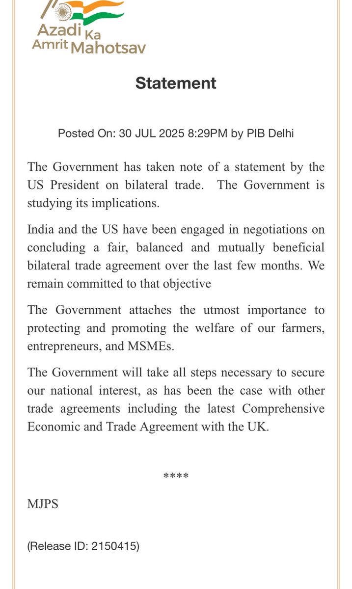 US का 25% टैरिफ़ भारत के ‘सरेंडर’ ना करने और राष्ट्रहित में #NationFirst का प्रमाण है।

राहुल गांधी ने कहा था कि मोदी ट्रम्प की ट्रेड धमकी के आगे झुक जाएँगे। 

लेकिन भारत का रुख़ स्पष्ट है कि वो अपने हितों से कभी समझौता नहीं करेगा।