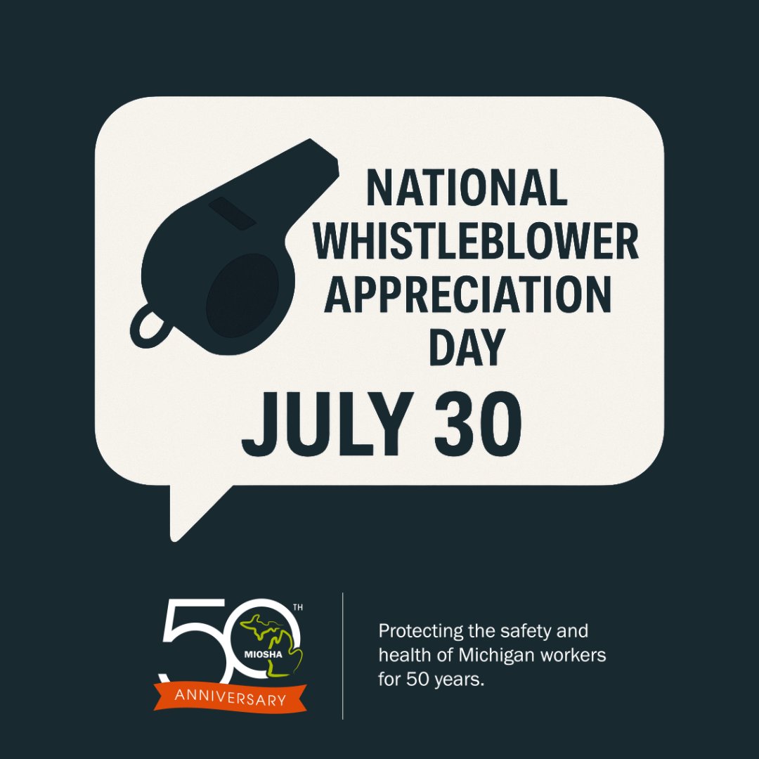 📢 July 30 is National Whistleblower Appreciation Day.

<a href="/MI_OSHA/">MIOSHA</a> protects workers who speak up about unsafe conditions. Retaliation is illegal under Section 65 of the MIOSHA Act.

🔗 File a complaint: Michigan.gov/mioshacomplaint
📞 313-456-3109

#WhistleblowerDay #WorkplaceSafety