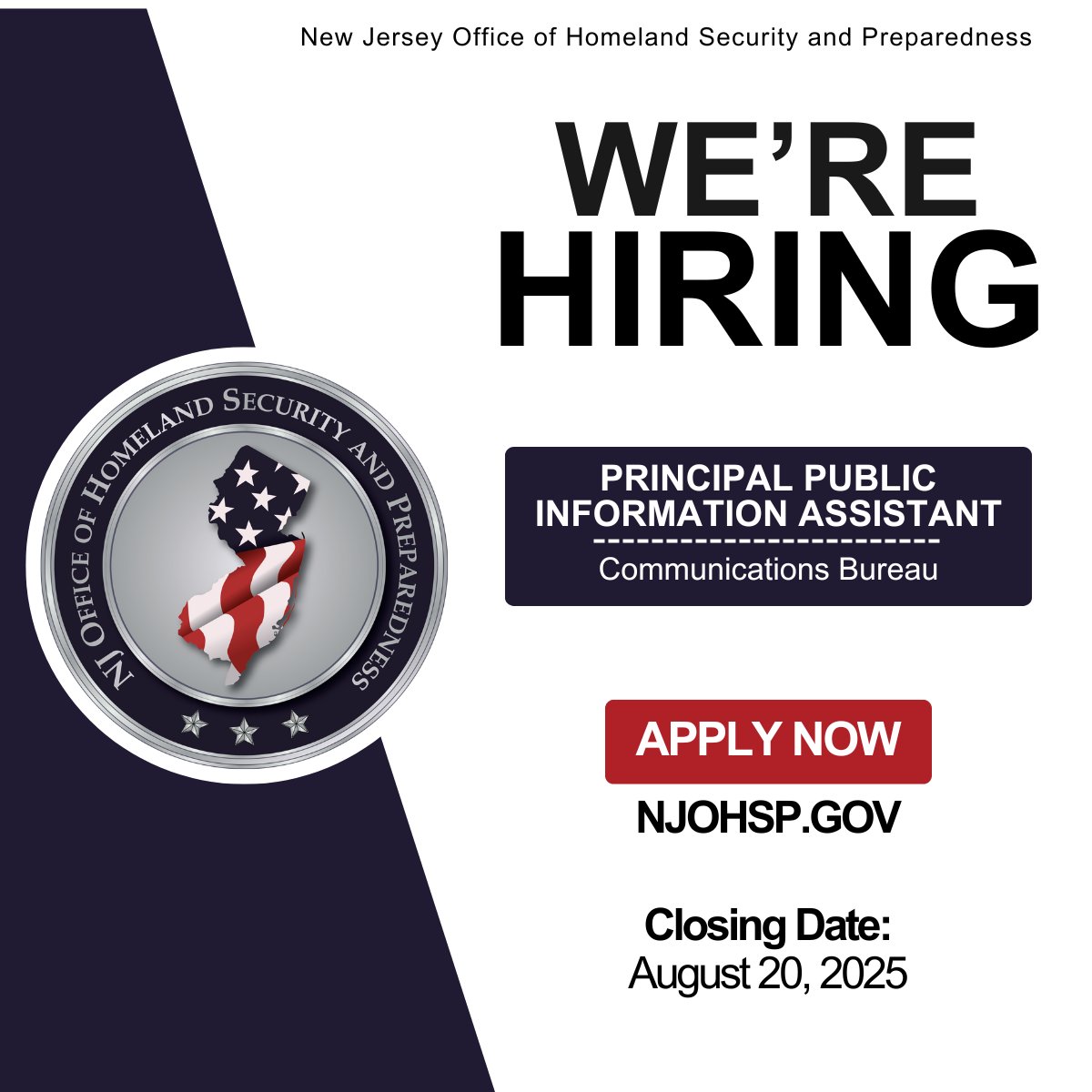 NJOHSP invites talented individuals to join our Communications Bureau as a Principal Public Information Assistant and make a meaningful impact across New Jersey in homeland security. Start your career with purpose. Apply today: njohsp.gov/connect/about-…