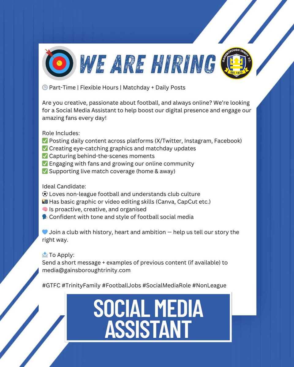 🎯 We're Hiring!
📱 Social Media Assistant
🕒 Part-Time | Flexible Hours | Matchday + Daily Posts

Are you creative, passionate about football, and always online? We’re looking for a Social Media Assistant to help boost our digital presence and engage our amazing fans every day!