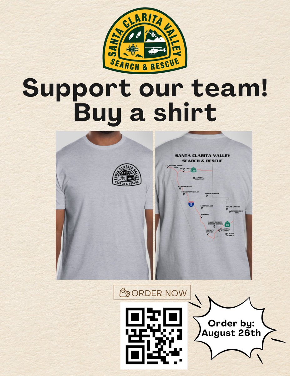 SoCalFirePhoto (@socalfirephoto) on Twitter photo Santa Clarita Valley Search & Rescue Team is having a T-Shirt fundraiser. Buy a shirt and support our all volunteer & 501(c)(3) non-profit organization.
All shirts will ship around 2 weeks after the fundraiser closes. <a href="/SCVSHERIFF/">SCV Sheriff</a>
customink.com/fundraising/sa… Santa Clarita Valley Search & Rescue Team is having a T-Shirt fundraiser. Buy a shirt and support our all volunteer & 501(c)(3) non-profit organization.
All shirts will ship around 2 weeks after the fundraiser closes. <a href="/SCVSHERIFF/">SCV Sheriff</a>
customink.com/fundraising/sa…