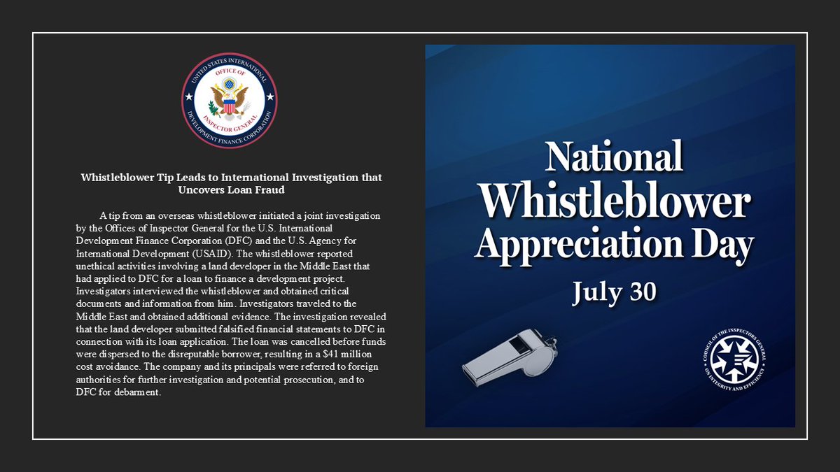 DFC_OIG's tweet photo. On National #Whistleblower Appreciation Day, we recognize the importance of those who report wrongdoing and help OIGs uncover fraud, waste, and abuse. Contact DFC OIG's Hotline Tollfree at 1+833-OIG-4DFC (1+833-644-4332) or online at https://t.co/y0qnLEfKc0 https://t.co/RWIx3LLyDa