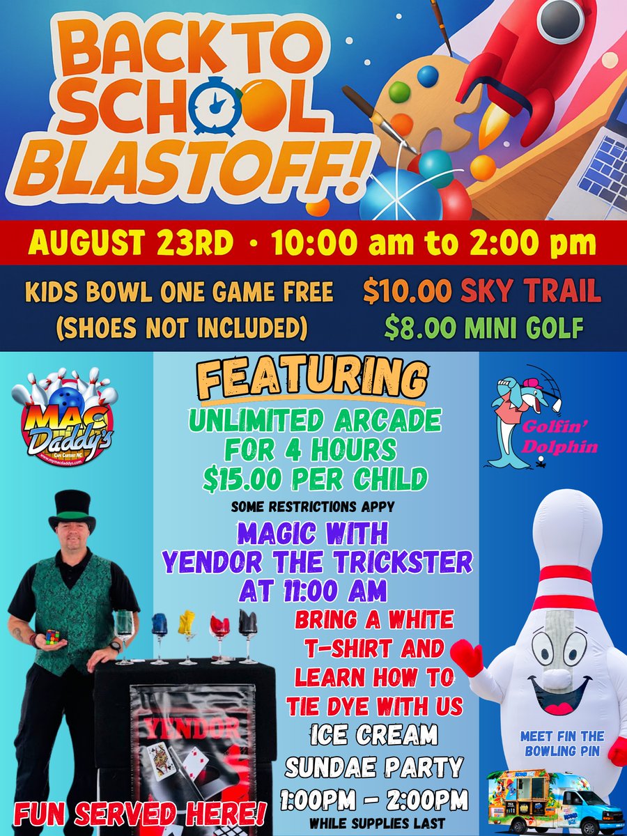 Come play games, eat ice cream (or snow cones), and have FUN before school starts! 🚀📚
📍134 Golfin Dolphin Dr. in CAPE CARTERET NC