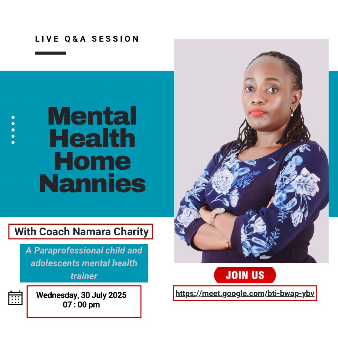 IT’S TODAY 
Dive into "Mental Health Home Nannies" with Coach Namara Charity at 07:00 PM EAT. A must-attend for all Ugandans passionate about mental health! 
Join here: meet.google.com/bti-bwap-ybv  

#LiveNow #MentalHealthMatters