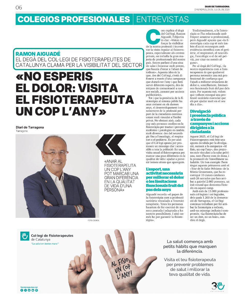 “La fisioteràpia ha de ser un dret, no un luxe”: declaracions del degà <a href="/raiguade/">Ramon Aiguadé</a> en una entrevista al Diari de Tarragona.

El Col·legi impulsa campanyes per fer arribar aquest missatge a tothom.