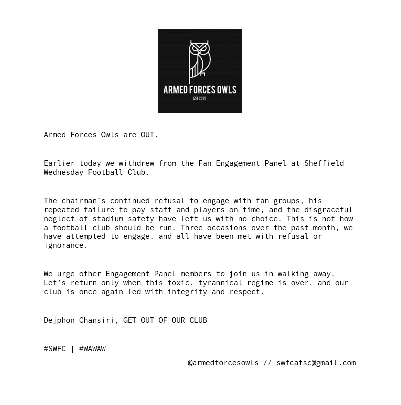 🚨 We have left the club organised Fan Engagement Panel.

Statement below.

#swfc #ArmedForcesOwls
