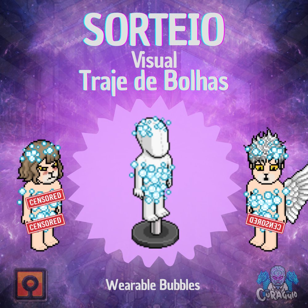 🧼SORTEIO TRAJE DE BOLHAS🧼

Requisitos: 
1️⃣ Seguir <a href="/CoraggioHabbo/">Coraggio</a> e <a href="/annecaathb/">annecaat</a>;
2️⃣ Dar RT e FAV neste Tweet;
3️⃣ Marcar 3 amigos.

🌎: O item é NFT, então todas as comunidades do Habbo podem participar.

🏆: 1 Vencedor

⚠ Fim 06/08 #Habbo