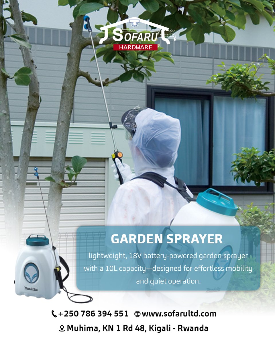 sofarultd's tweet photo. Tired of manual pumping?

The Makita DVF104Z 18V Garden Sprayer brings effortless spraying with a 10L tank, twin nozzles &amp; ultra-quiet battery power.

Perfect for pesticides, fertilizers, disinfectants.

SOFARU, Muhima — Call 0786394551

#Rwanda #agriculturalinnovation https://t.co/h1yIZrCWwy