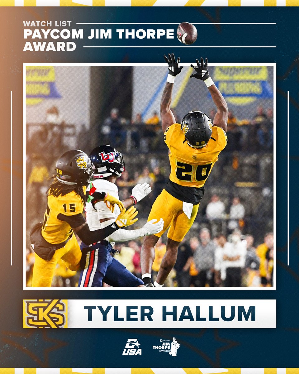 Conference USA (@conferenceusa) on Twitter photo ๐ PAYCOM JIM THORPE AWARD WATCH LIST ๐
<a href="/TylerHallum1/">Tyler Hallum</a>, <a href="/kennesawstfb/">Kennesaw State Football</a>
#NoLimitsOnUs | bit.ly/46tBrEC ๐ PAYCOM JIM THORPE AWARD WATCH LIST ๐
<a href="/TylerHallum1/">Tyler Hallum</a>, <a href="/kennesawstfb/">Kennesaw State Football</a>
#NoLimitsOnUs | bit.ly/46tBrEC