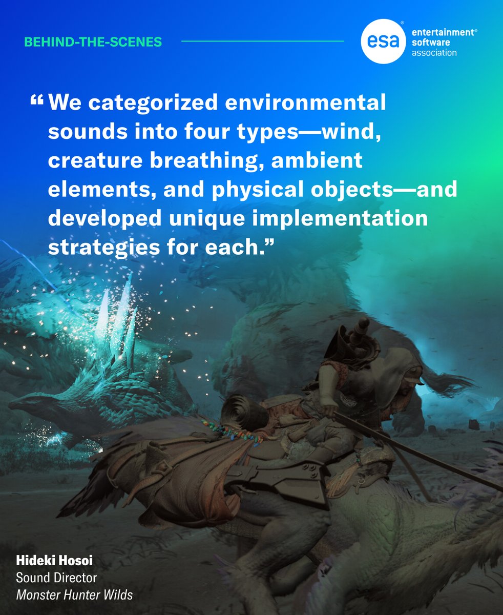 Entertainment Software Association (@theesa) on Twitter photo 🚨 New on ESA’s Behind the Scenes 🚨
Meet Hideki Hosoi, the sound director of <a href="/CapcomUSA_/">Capcom USA</a>'s @MonsterHunter Wilds. Discover how he crafted dynamic monster roars, environmental sounds, and more to create an immersive hunting experience.
🔗 Full feature: theesa.com/behind-the-sce… 🚨 New on ESA’s Behind the Scenes 🚨
Meet Hideki Hosoi, the sound director of <a href="/CapcomUSA_/">Capcom USA</a>'s @MonsterHunter Wilds. Discover how he crafted dynamic monster roars, environmental sounds, and more to create an immersive hunting experience.
🔗 Full feature: theesa.com/behind-the-sce…
