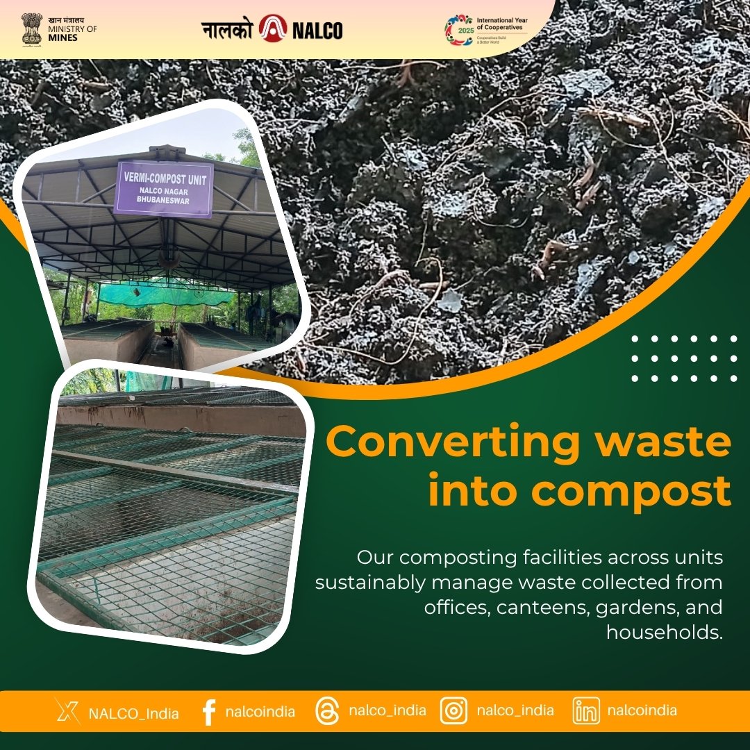 NALCO_India's tweet image. To promote #EnvironmentalSustainability, composting facilities are in operation across all units for efficient #management of #BiodegradableWaste collected from #offices, canteens, gardens, and residential areas. This initiative supports circular waste practices and a cleaner