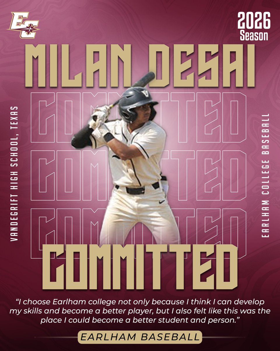 Welcoming our Earlham College baseball recruiting class for this coming season! Introducing, Milan Desai <a href="/Milandesai_3/">Milan</a> from Vandegrift HS, Texas! #EarnedNotGiven