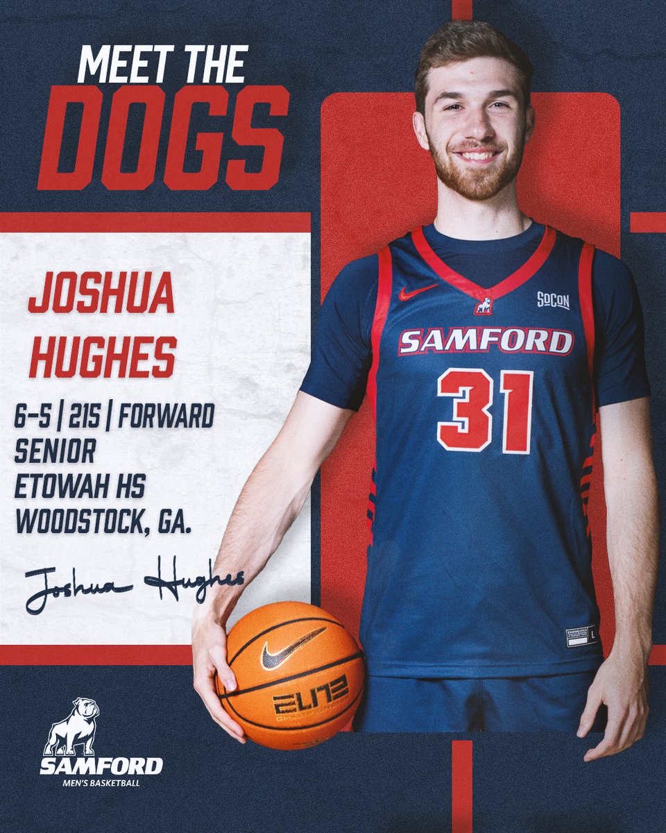 Samford Men's Basketball (@samfordmbb) on Twitter photo Introducing the 2025-26 Bulldogs‼️
<a href="/jjhughes413/">Joshua Hughes</a> returns for his fourth season with the Bulldogs. He prepped at Etowah High School in Woodstock, Georgia and has appeared in 11 games while at Samford
#AllForSAMford Introducing the 2025-26 Bulldogs‼️
<a href="/jjhughes413/">Joshua Hughes</a> returns for his fourth season with the Bulldogs. He prepped at Etowah High School in Woodstock, Georgia and has appeared in 11 games while at Samford
#AllForSAMford