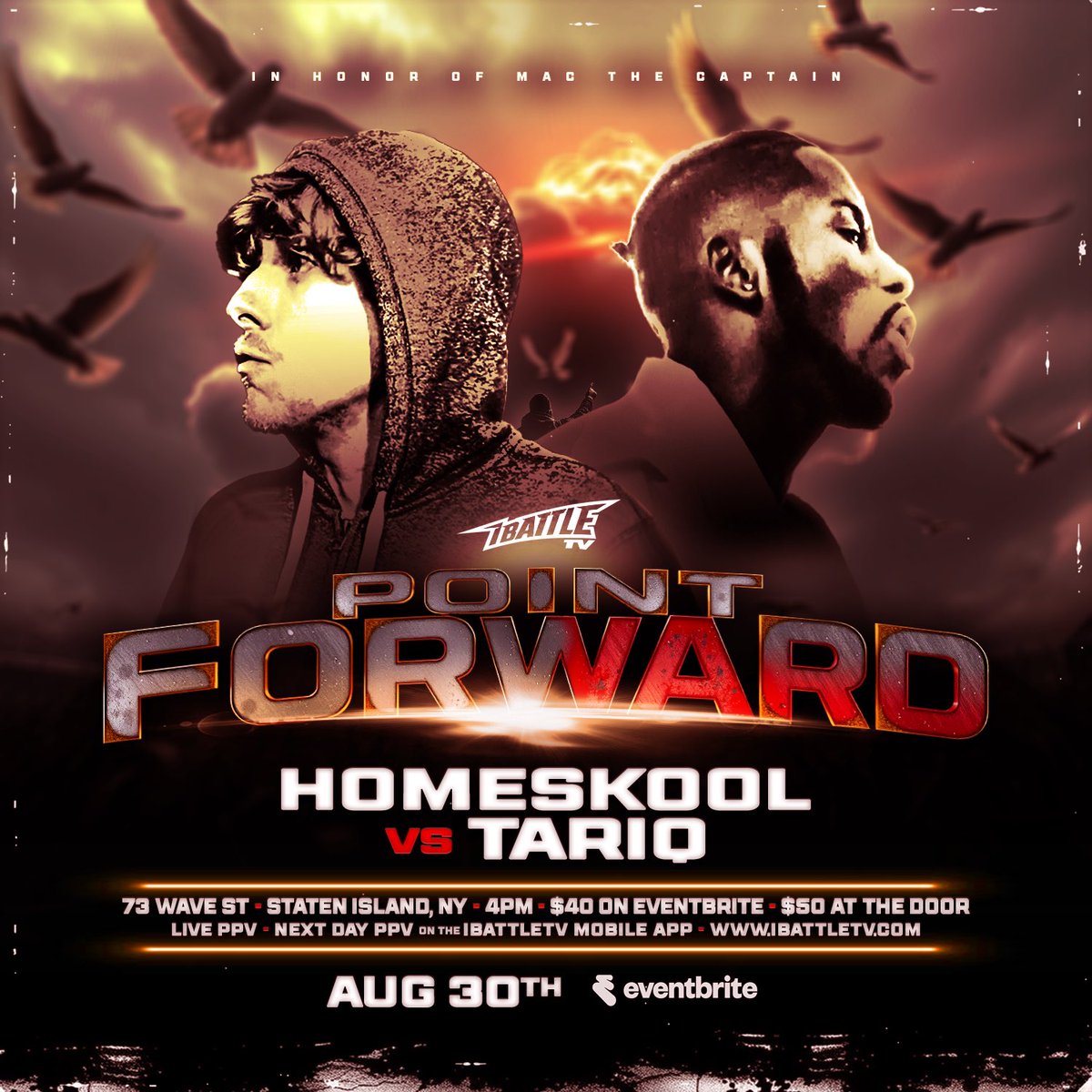 CAPTAINS CUP QTR FINALS 4/26 (@ibattlepromo) on Twitter photo August 30th #POINTFORWARD
Staten Island, NY
In memory of Mac The Captain!
Announcement #7 -
<a href="/HomeskoolMC/">Homeskool, AKA Home, AKA Skool</a> vs <a href="/TariqsJourney/">TARIQ π§πΎββοΈ</a>
+ LOS PREMEE vs NAKIM THE PROPHET
OPPA vs SOUL KHAN
LEXX LUTHOR vs CHVNK
FEBOU vs NOXX
DETH THE KID vs GLOMAN
KAI vs EXOTICZA
& MORE TBA
Tickets August 30th #POINTFORWARD
Staten Island, NY
In memory of Mac The Captain!
Announcement #7 -
<a href="/HomeskoolMC/">Homeskool, AKA Home, AKA Skool</a> vs <a href="/TariqsJourney/">TARIQ π§πΎββοΈ</a>
+ LOS PREMEE vs NAKIM THE PROPHET
OPPA vs SOUL KHAN
LEXX LUTHOR vs CHVNK
FEBOU vs NOXX
DETH THE KID vs GLOMAN
KAI vs EXOTICZA
& MORE TBA
Tickets