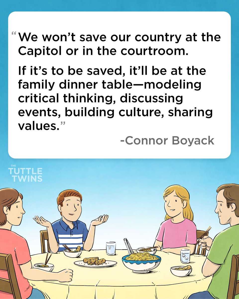 You won’t save America in a courtroom.
You’ll save it at your dinner table.

That’s where kids learn to think critically, share values, and ask big questions. 🍽️📚

Tuttle Twins helps you turn family time into freedom time:
buff.ly/4ZOPEmH

#TuttleTwins #RaiseThinkers