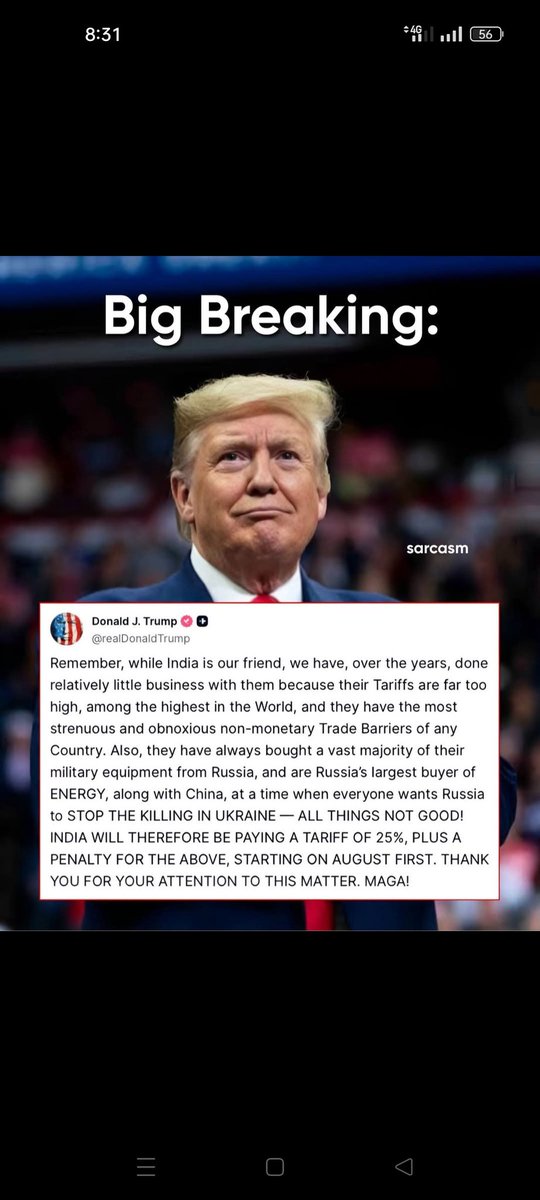Mudasar78792270's tweet image. NEWS: 🇮🇳 Trump imposes 25% tariff on India and a “penalty” for buying Russian energy and military equipment.
Embarrassment for pajeets since 7th May continues. 
#TrumpTariffTax 
#ModiInLokSabha 
#Trump