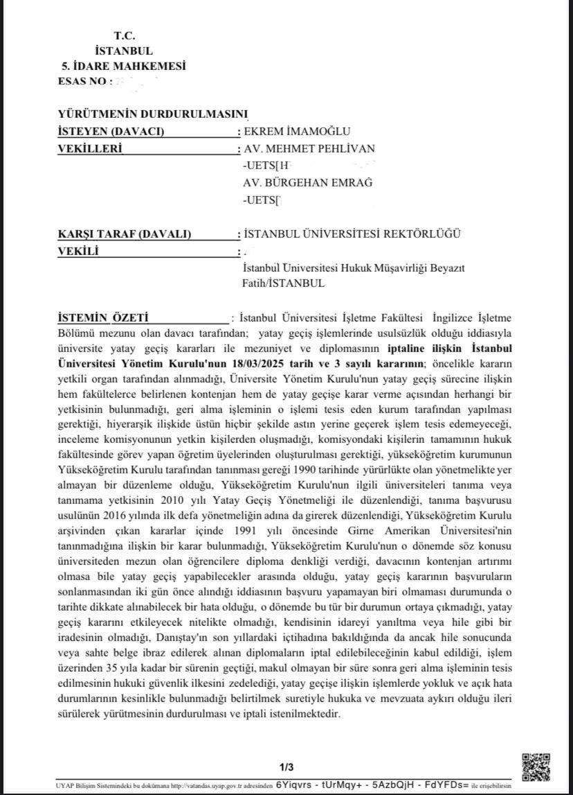gunaydingokhan's tweet photo. İstanbul 5 inci İdare Mahkemesi, Ekrem Başkan’ın diploma iptali kararının yürütmesinin durdurulması istemini biraz önce reddetti.

Ekte koyduğum Mahkeme kararı, adaletin geldiği yeri özetlemesi açısından tarihi bir vesika niteliğinde.

1- Davacı Ekrem İmamoğlu: tutuklu
2- Davacı Ekrem İmamoğlu avukatı Mehmet Pehlivan: tutuklu
3- Mahkeme Başkanı: Dilekçe kendisine ulaşınca, 23 maddelik araştırma yazısı istedi, YD kararı öncesi mahkemedeki görevinden alındı.
4- Mahkeme üyesi yargıç: Başkanla beraber onun da aniden tayini çıktı.
5- YÖK: Mahkeme Başkanı ve üyesi görevdeyken kendisine verilen bir aylık süre içinde yanıt vermedi, ek süre istedi, onlar mahkemeden uçurulunca “yanıtını” gönderdi.
6- Kararda imzası olan heyet: Nöbetçi başkan ve üyeler karar verdi.
7- Aynı soruşturma dosyasına giren tek bir inceleme dosyası ile 41 kişi yatay geçiş nedeniyle şüpheli konumuna sokulmuşken, Yalnızca Ekrem Başkan hakkında ayırma (tefrik) kararı verildi ve kararın ertesi gün yine yalnızca Ekrem Başkan hakkında istanbul Cumhuriyet Başsavcılığı’nca İddianame düzenlendi.

Geriye bir tek Adalet Bakanı Yılmaz Tunç’un çıkıp “Türkiye bir hukuk devletidir” açıklaması yapması kaldı, orada da adetleri veçhile geç kalacaklarını sanmam!!!